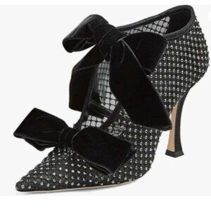 XYD Black Ankle Boots Mesh Cutout Crystals Pointed Toe Mid Heel Pumps Bows Shoes